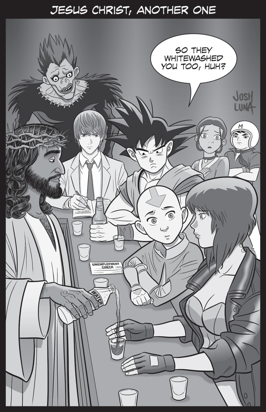 2girls 6+boys aang alcohol avatar:_the_last_airbender avatar_legends beard breasts death_note death_note_(object) dragon_ball dragonball_z facial_hair fingerless_gloves ghost_in_the_shell gloves highres jesus josh_luna katana kusanagi_motoko mach_go_go_go mifune_gou multiple_boys multiple_girls ryuk shinigami son_goku sword the_bible water weapon wine yagami_light