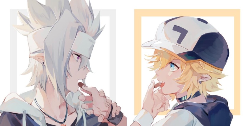 2boys aotu_world baseball_cap black_choker blonde_hair blue_eyes bokyo candy chocolate choker ear_piercing earrings feeding fingerless_gloves food from_side gloves grey_(aotu_world) grey_hair hair_between_eyes hat headband hood hood_down hoodie jacket jewelry king_(aotu_world) looking_at_another male_focus multiple_boys necklace open_mouth piercing pointy_ears profile purple_eyes shirt short_hair spiked_hair teeth upper_body white_background white_hair white_shirt wristband yaoi
