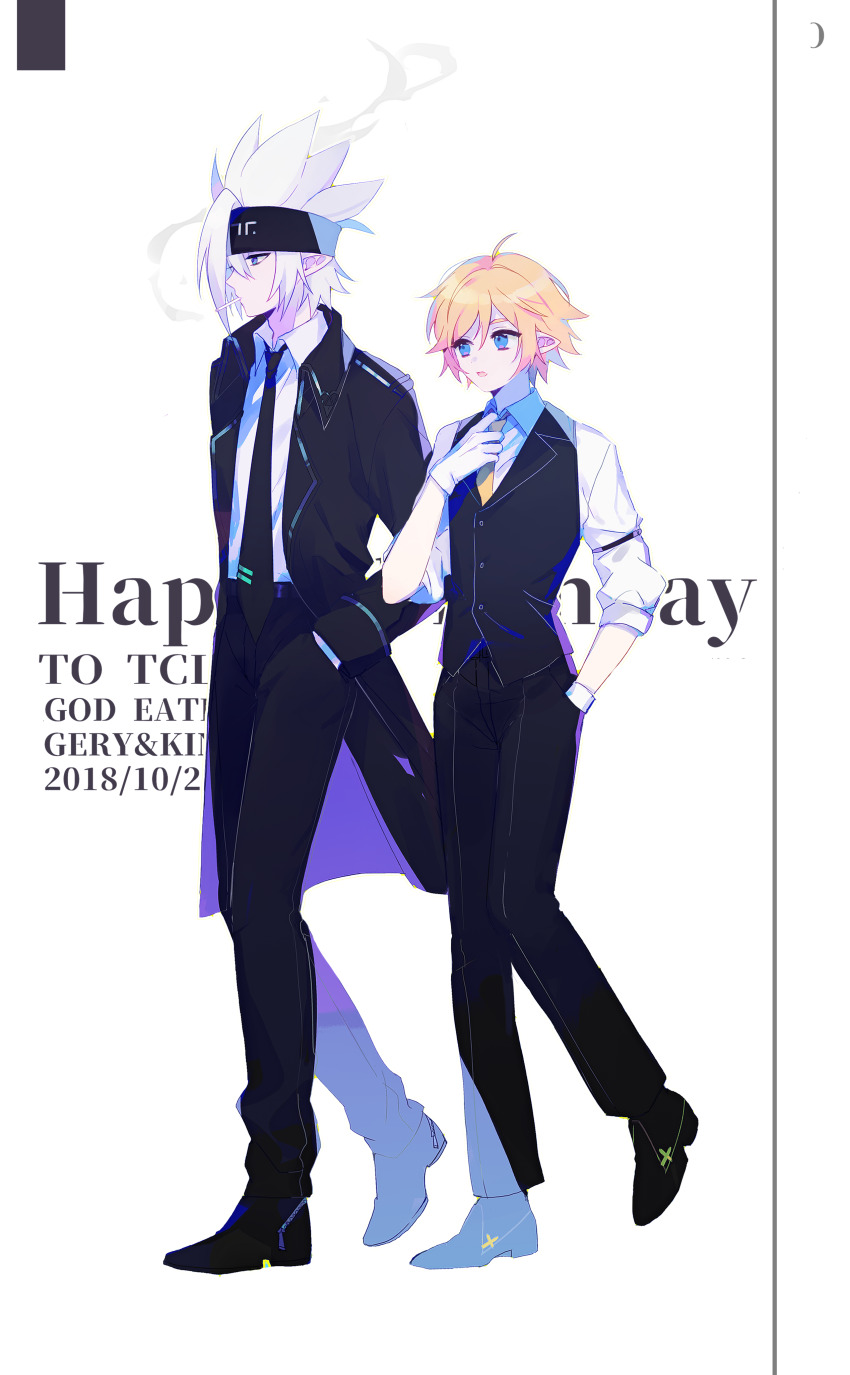 2boys absurdres ahoge alternate_costume aotu_world black_pants black_shoes black_vest blonde_hair blue_eyes blue_necktie character_name cigarette collared_shirt dated english_text formal_clothes full_body gloves grey_(aotu_world) hand_in_pocket happy_birthday headband highres jacket kelme king_(aotu_world) looking_at_viewer male_focus multiple_boys necktie pants shirt shoes short_hair simple_background smile smoking spiked_hair standing suit vest white_background white_gloves white_hair white_shirt yaoi