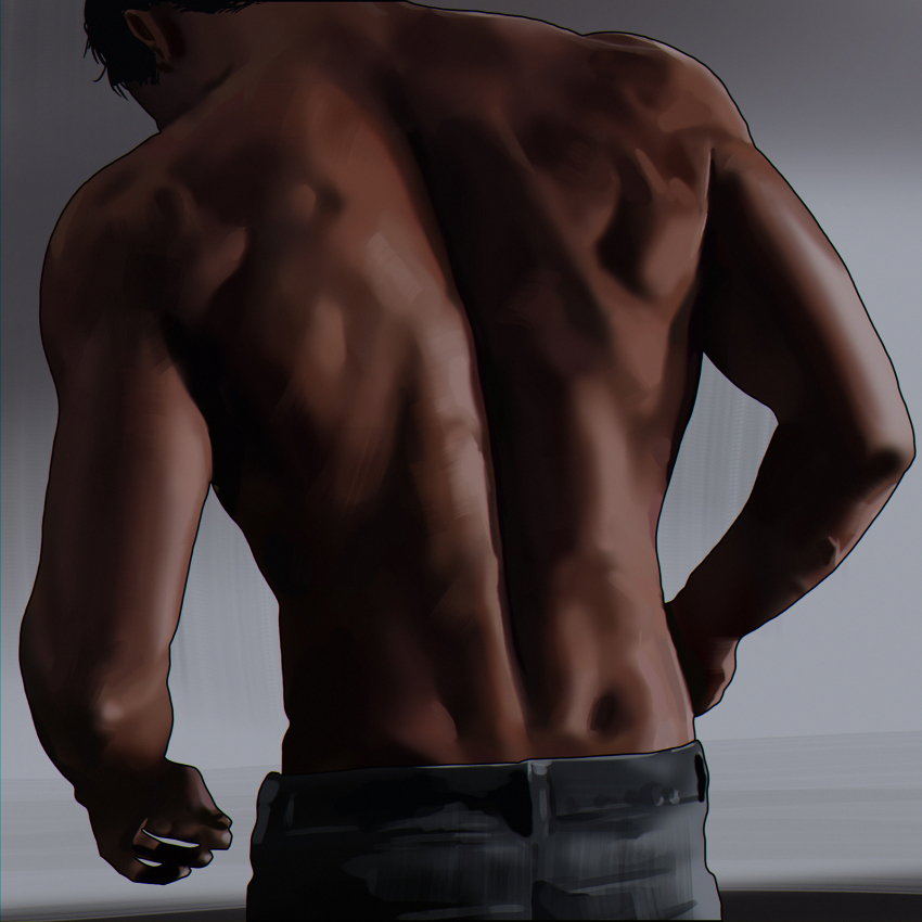 1boy back back_muscles black_hair commentary_request denim dimples_of_venus from_behind gradient_background grey_background highres jeans korean_commentary male_focus muscular muscular_male original pants short_hair solmuk0 solo standing topless_male