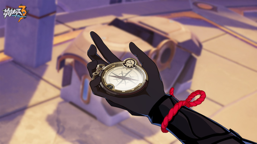 1girl armor black_armor black_gloves blurry blurry_background compass day english_text gloves highres holding honkai_(series) honkai_impact_3rd japanese_clothes logo official_alternate_costume official_art official_wallpaper open_hand raiden_mei raiden_mei_(danzai_spectramancer) raiden_mei_(orochi_cuirass) treasure_chest