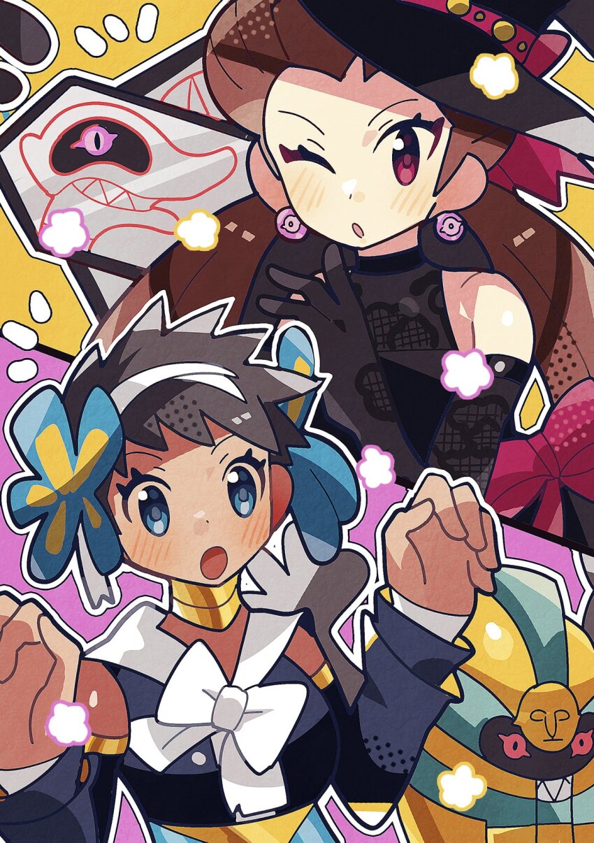 2girls anidler91 black_gloves blue_eyes brown_hair cofagrigus commentary_request detached_sleeves earrings gen_5_pokemon gen_8_pokemon ghost_pose gloves hat highres jewelry multiple_girls nintendo official_alternate_costume one_eye_closed outline phoebe_(fall_2023)_(pokemon) phoebe_(pokemon) pokemon pokemon_(creature) pokemon_masters_ex red_eyes roxanne_(fall_2023)_(pokemon) roxanne_(pokemon) runerigus short_hair witch_hat