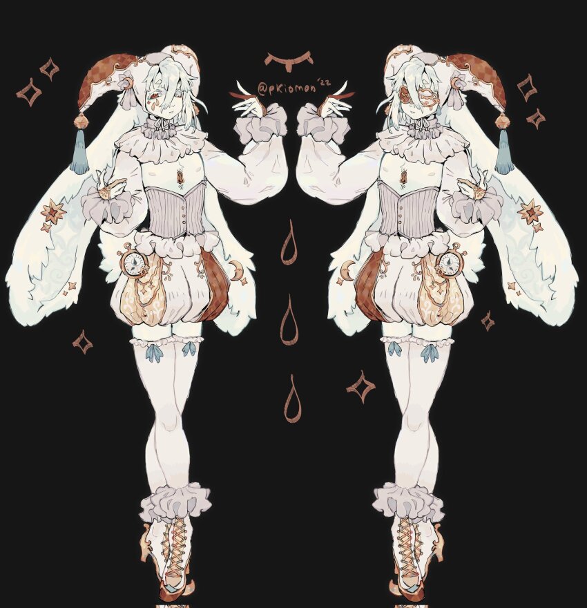 1boy 2022 adoptable albino androgynous animal_ears arm_up asymmetrical_gloves bell belt_chain black_background bow capelet colored_eyelashes colored_skin commentary corset cross-laced_footwear crossed_legs dated doodle_inset english_commentary eye_mask eyebrows_hidden_by_hair floppy_ears footwear_bow frilled_capelet frills full_body gloves hair_between_eyes hand_up hat hat_bell hat_tassel heterochromia highres jester_cap jingle_bell kitten_heels legs_together long_sleeves male_focus mark_under_eye marking_on_cheek mask masquerade_mask mismatched_gloves multiple_views nipples original parted_lips partially_fingerless_gloves pkiomon pocket_watch puffy_shorts rabbit_ears rabbit_tail red_eyes red_hat short_eyebrows shorts simple_background tail teardrop_facial_mark thighhighs tiptoes trap twitter_username two-tone_headwear watch watson_cross white_eyes white_hair white_hat white_skin white_tail