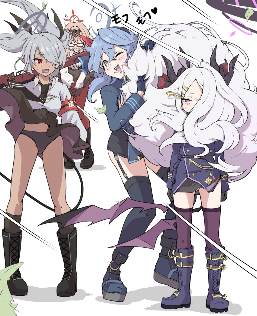 4girls ahoge ako_(blue_archive) armband black_coat black_gloves black_halo black_skirt blue_archive blue_eyes blue_hair blue_halo bolt_action breasts chinatsu_(blue_archive) coat coat_on_shoulders commentary_request dark-skinned_female dark_skin demon_girl demon_horns demon_tail demon_wings full_body glasses gloves grey_hair gun halo highres hina_(blue_archive) horns iori_(blue_archive) long_hair looking_at_viewer mauser_98 medium_breasts medium_hair mosuke1221 multiple_girls panties prefect_team_(blue_archive) purple_eyes red_armband red_eyes red_halo rifle simple_background skirt small_breasts standing tail twintails underwear weapon white_background white_hair wings