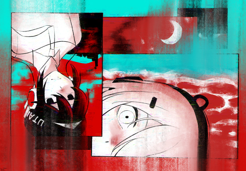 2girls a.i._voice adachi_rei beret blue_clouds closed_mouth collage collared_shirt commentary_request crescent_moon empty_eyes factory floating_neckwear hair_between_eyes hair_ornament hairclip hat headphones highres limited_palette looking_at_viewer moon multiple_girls necktie qiu_(b3g3c) red_sky red_water satsuriku_kyou_(utau) shirt short_hair sky smearing smoke smokestack star_(sky) upside-down utane_uta utau wide-eyed