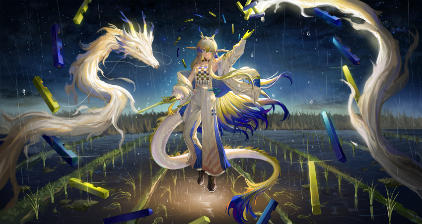 1girl absurdres aqua_eyes arknights bare_shoulders beads blonde_hair blue_hair blue_pants boots brown_boots chinese_commentary closed_mouth commentary dragon dragon_girl dragon_horns dragon_tail earrings eastern_dragon floating full_body grey_hair hair_between_eyes hair_intakes highres holding holding_sword holding_weapon horns jacket jewelry light_smile long_hair long_sleeves looking_at_viewer magic multicolored_hair necklace night off_shoulder outdoors outstretched_arm pants plant pointy_ears rain rice_(plant) rice_paddy shu_(arknights) solo star_(sky) strapless sword tail the_horse. tube_top very_long_hair water weapon white_jacket white_pants white_tube_top