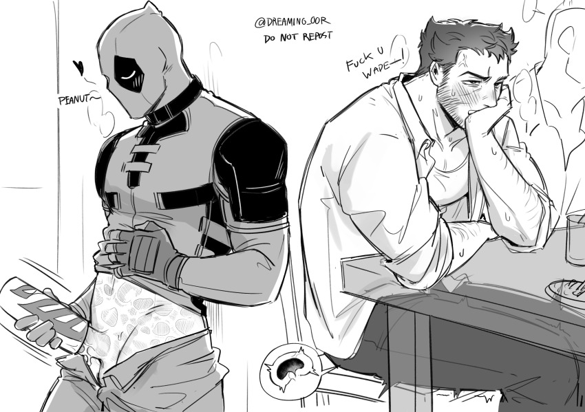 2boys anger_vein arm_hair artificial_vagina beard blush bodysuit cervix character-themed_artificial_vagina cum cuntboy deadpool deadpool_&amp;_wolverine deadpool_(series) dreaming_oor english_text erection facial_hair full-face_blush gloves heart highres male_focus marvel marvel_cinematic_universe mask monochrome multiple_boys muscular muscular_male pants pectorals penis portal_fleshlight portal_sex pussy scar scars_all_over sex_toy shirt short_hair sitting superhero_costume table tearing_up teeth telepathic_sex testicles too_many uncommon_stimulation voodoo wolverine_(x-men) x-men x-ray yaoi