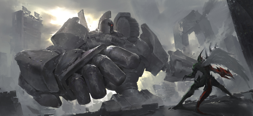 absurdres ancient_gear_golem duel_monster elemental_hero_flame_wingman fighting highres leo-dont-want-to-be-a-painter no_humans outdoors yu-gi-oh! yu-gi-oh!_gx