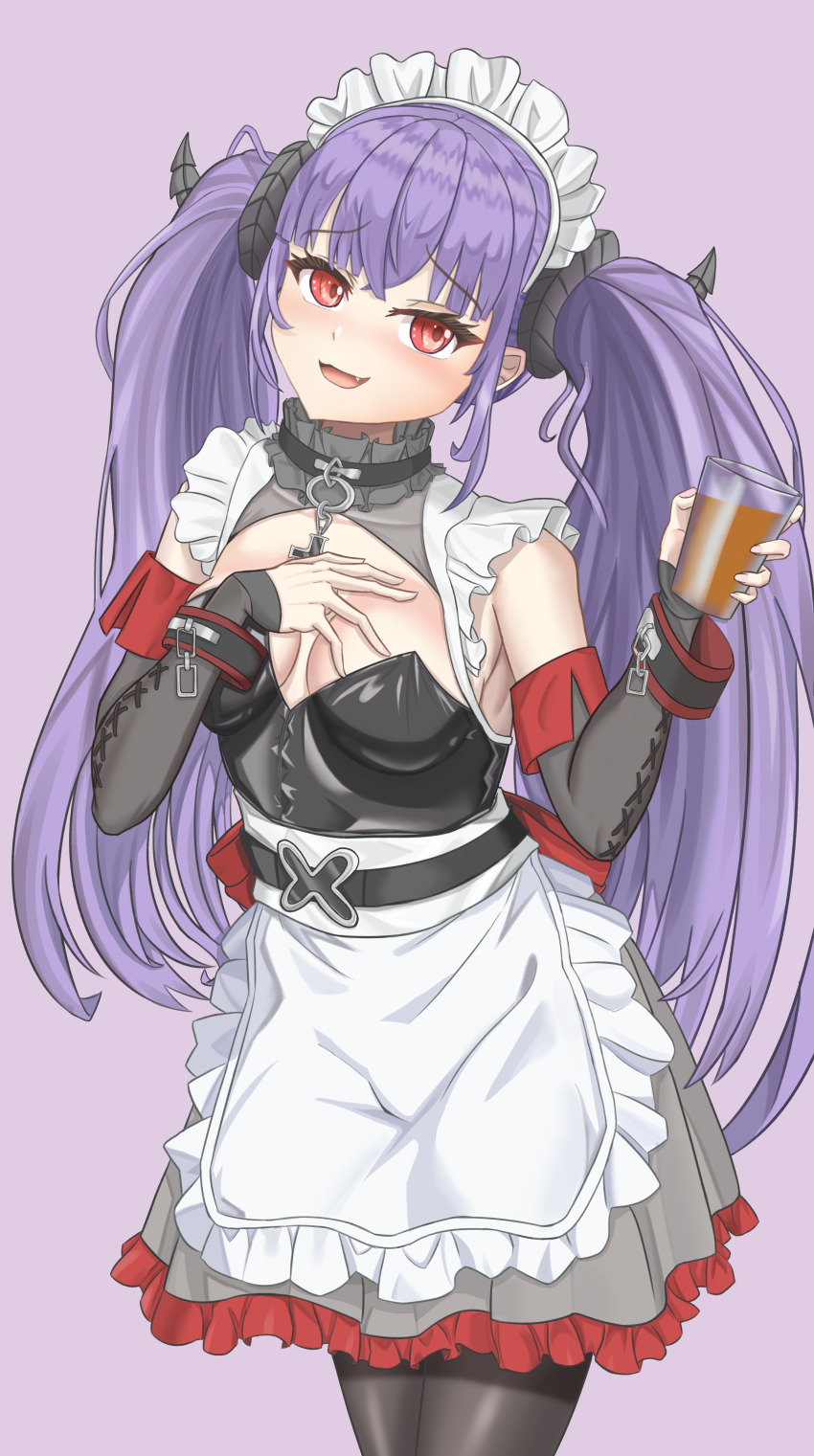 1girl absurdres alternate_costume apron azur_lane black_horns black_pantyhose breasts cross cup curled_horns dress drinking_glass enmaided fang felix_schultz_(azur_lane) felix_schultz_(sweet_sleepy_&quot;revenge&quot;)_(azur_lane) frilled_dress frills grey_dress hands_up highres holding holding_cup horns iron_cross light_blush long_hair looking_at_viewer maid maid_headdress medium_breasts official_alternate_costume open_mouth pantyhose purple_background purple_hair red_eyes simple_background smile solo twintails waist_apron white_apron xdl