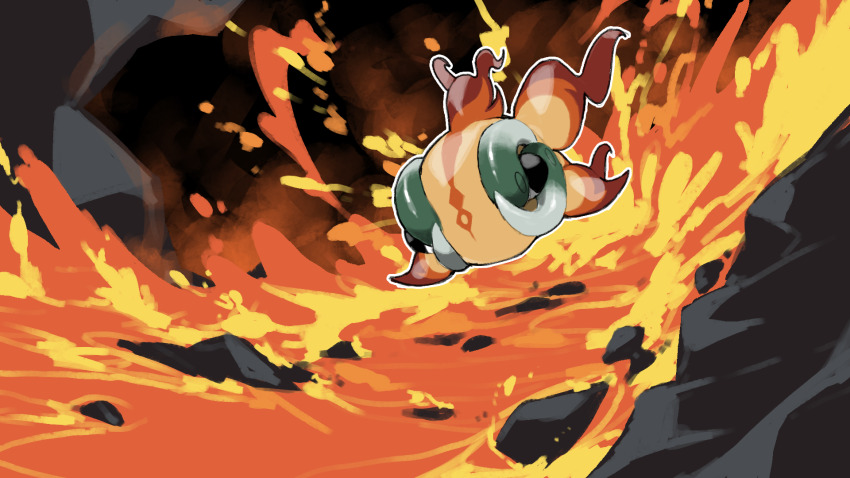 animal_focus blacknirrow chi-yu_(pokemon) commentary floating full_body highres lava nintendo no_humans outline pokemon pokemon_(creature) pokemon_focus rock solo white_outline