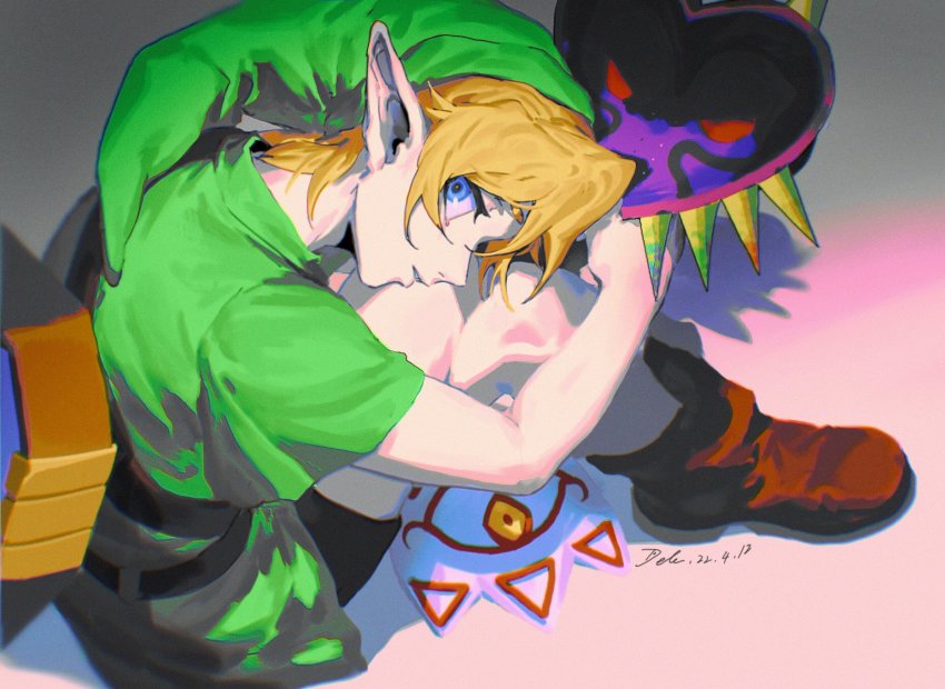 1boy artist_name belt blonde_hair blue_eyes boots brown_footwear dated dele14375735 full_body green_tunic hat highres holding holding_mask hugging_own_legs link looking_at_viewer male_focus mask mask_of_truth nintendo parted_lips pointy_ears short_hair short_sleeves shoulder_belt sitting skull_kid the_legend_of_zelda the_legend_of_zelda:_majora&#039;s_mask tunic