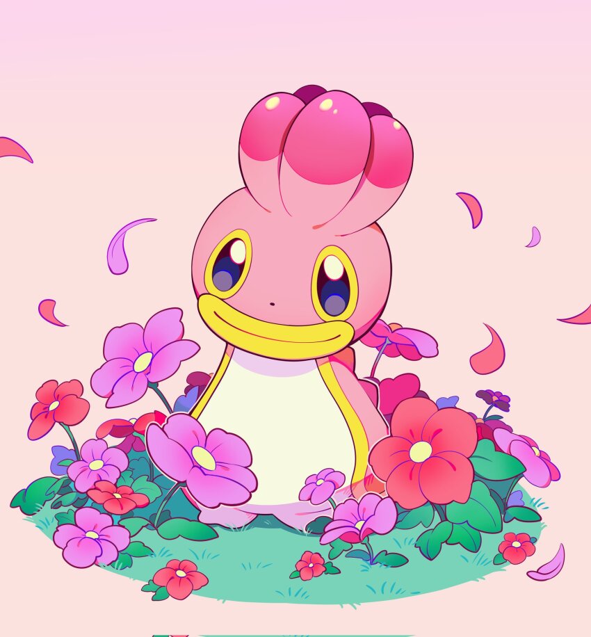 closed_mouth commentary_request falling_petals flower gen_4_pokemon grass happy highres korean_commentary nintendo no_humans petals pokemon pokemon_(creature) purple_flower red_flower sea_slug selyg15 shellos smile solo