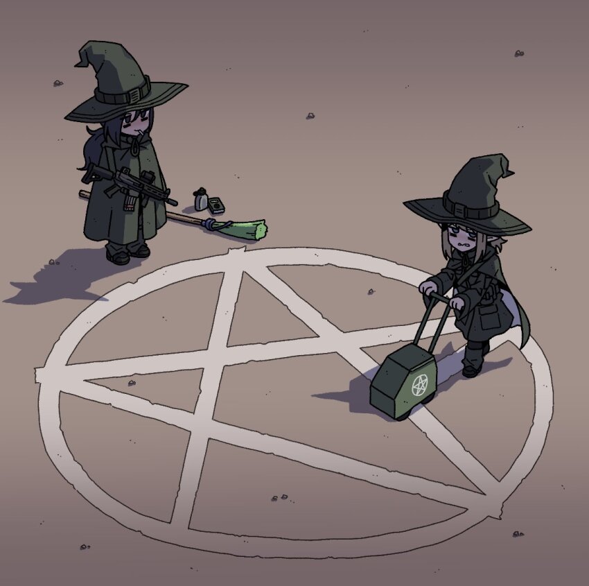 2girls assault_rifle book broom commentary english_commentary gun hat karepack magic_circle military_uniform multiple_girls original pentagram pointy_ears poncho rifle weapon witch_hat
