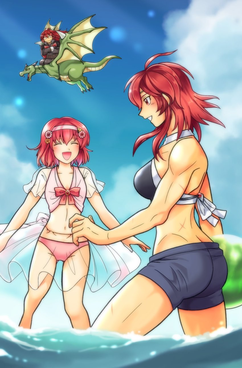 1boy 2girls bikini blue_sky brother_and_sister closed_eyes closed_mouth cloud crossed_arms day dragon fire_emblem fire_emblem:_mystery_of_the_emblem flower from_side hair_flower hair_ornament hairband highres long_hair long_sleeves maria_(fire_emblem) minerva_(fire_emblem) misheil_(fire_emblem) multiple_girls nintendo open_mouth pink_bikini red_eyes red_hair riding scar see-through_clothes short_hair shorts siblings sisters sky standing swimsuit torisan_377 wading water wyvern