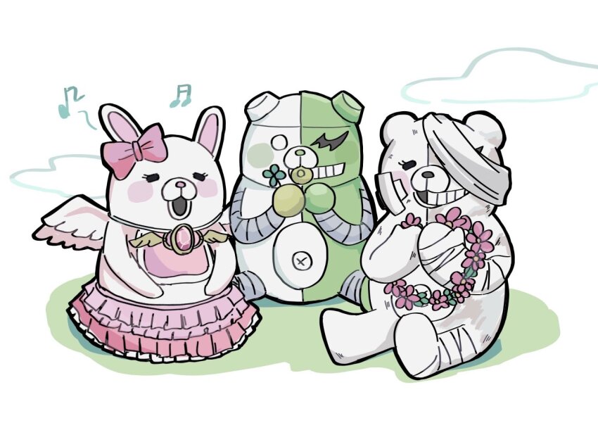 bandage_over_one_eye blush_stickers bow danganronpa_(series) danganronpa_2:_goodbye_despair danganronpa_v3:_killing_harmony ear_bow flower gem getsumen grin head_wreath holding holding_flower layered_skirt monodam musical_note no_humans pink_bow pink_skirt robot shirokuma_(danganronpa) skirt smile teeth usami_(danganronpa) white_background