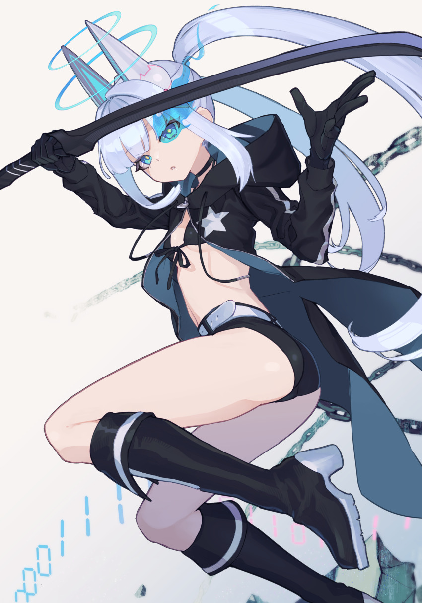 1girl absurdres ass bikini bikini_top_only black_bikini black_boots black_choker black_gloves black_jacket black_rock_shooter black_rock_shooter_(character) black_rock_shooter_(character)_(cosplay) black_shorts blue_eyes boots breasts choker commission cosplay eien_project gloves highres holding holding_sword holding_weapon jacket knee_boots long_hair looking_at_viewer nanimo_navi parted_lips robot_ears sea_chicken_(umichicken) second-party_source shorts simple_background small_breasts solo swimsuit sword twintails virtual_youtuber weapon white_background white_hair
