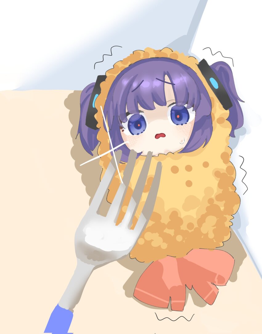 1girl ao2_77363 blue_archive blue_eyes blush chibi food fork fried_hoshino_(meme) hair_intakes highres looking_at_viewer meme no_halo purple_hair scared shrimp shrimp_costume shrimp_tempura solo sweatdrop tagme tempura tempura_costume twintails yuuka_(blue_archive)