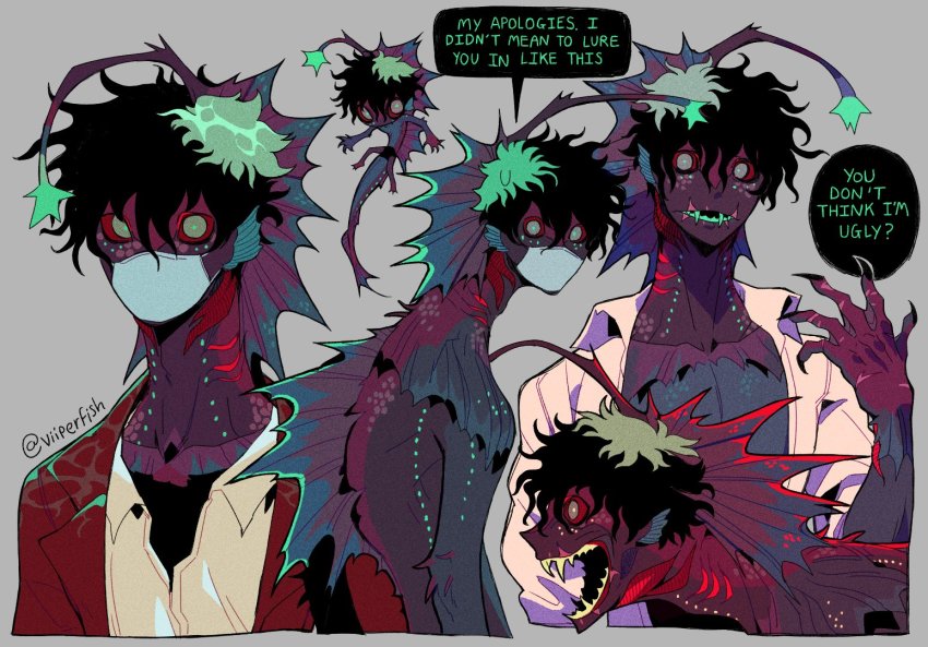 1boy artist_name black_hair black_nails chibi chibi_inset collared_jacket collared_shirt colored_sclera colored_skin colored_teeth commentary english_commentary english_text fangs fingernails fins fish_boy gills glowing_markings green_hair green_pupils green_teeth grey_background grey_eyes hand_up head_fins jacket long_neck looking_at_viewer male_focus mask monster_boy mouth_mask multicolored_hair multicolored_skin multiple_views nail_polish open_clothes open_mouth original purple_skin red_jacket red_sclera scales scar scar_on_face scar_on_mouth sharp_fingernails shirt short_hair sleeves_pushed_up spines static_eyes surgical_mask tail twitter_username two-tone_hair upper_body viiperfish webbed_hands white_mask white_shirt