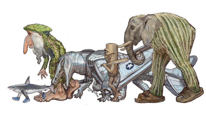5others absurdres ai-generated_art_(topic) aircraft airplane analog_clock baseball_bat beard blue_shoes bombardiro_crocodilo bomber brr_brr_patapim cactus clock commentary crocodilian elephant english_commentary facial_hair from_side full_body fusion highres holding holding_baseball_bat italian_brainrot_ai_animals_(meme) lirili_larila looking_ahead meme military_vehicle monster mossacannibalis multiple_others original profile sandals shark sharp_teeth shoes simple_background slides sneakers teeth tralalero_tralala tree tung_tung_tung_sahur white_background