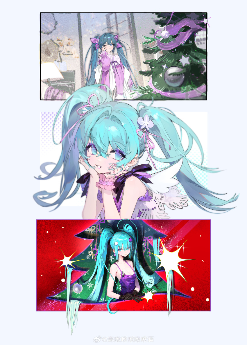 3girls absurdres angel_wings aqua_eyes aqua_hair breasts christmas christmas_ornaments christmas_tree cleavage collage corsage dress earrings flower flower_earrings gloves hair_flower hair_ornament hair_ribbon han_jiu_(456116642) hands_on_own_cheeks hands_on_own_face hatsune_miku highres indoors jewelry lamp long_hair looking_to_the_side multiple_girls multiple_rings nail_polish one_eye_closed open_door parted_lips pine_tree pink_nails pom_pom_(clothes) pom_pom_hair_ornament purple_dress red_background ribbon ring rubbing_eyes shoulder_ribbon sleeve_cuffs smile snowflakes stole tree twintails very_long_hair vocaloid watermark weibo_watermark wings