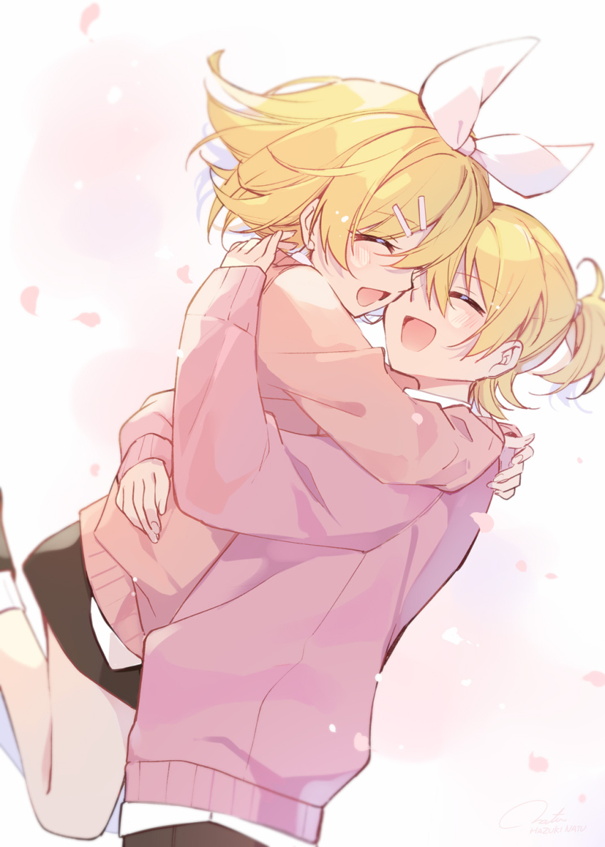 1boy 1girl arms_around_neck black_footwear black_pants black_skirt blonde_hair bow brother_and_sister cherry_blossoms closed_eyes commentary_request falling_petals flipped_hair hair_bow hazuki_natsu highres jumping kagamine_len kagamine_rin lifting_person open_mouth pants petals pink_sweater ponytail shirt short_hair short_ponytail siblings simple_background skirt smile socks sweater vocaloid white_background white_footwear white_shirt white_socks