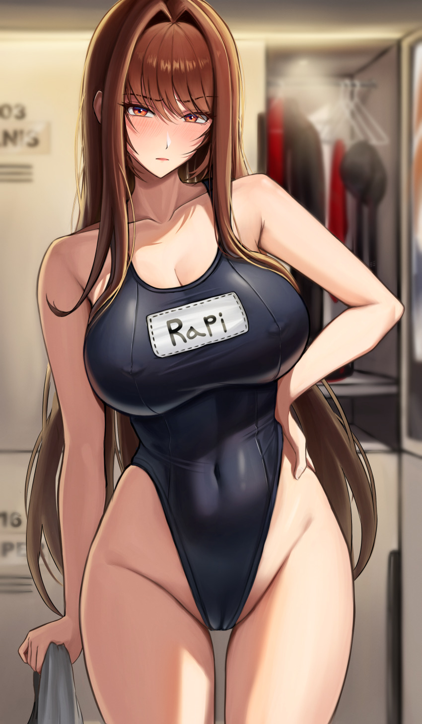 1girl absurdres alternate_costume bare_arms black_one-piece_swimsuit blurry blurry_background blush bodam breasts brown_hair character_name cleavage closed_mouth collarbone commentary cowboy_shot curvy goddess_of_victory:_nikke hair_intakes hand_on_own_hip highleg highleg_one-piece_swimsuit highres large_breasts long_hair looking_at_viewer one-piece_swimsuit rapi_(nikke) red_eyes shiny_clothes shiny_skin solo swimsuit thighs wide_hips