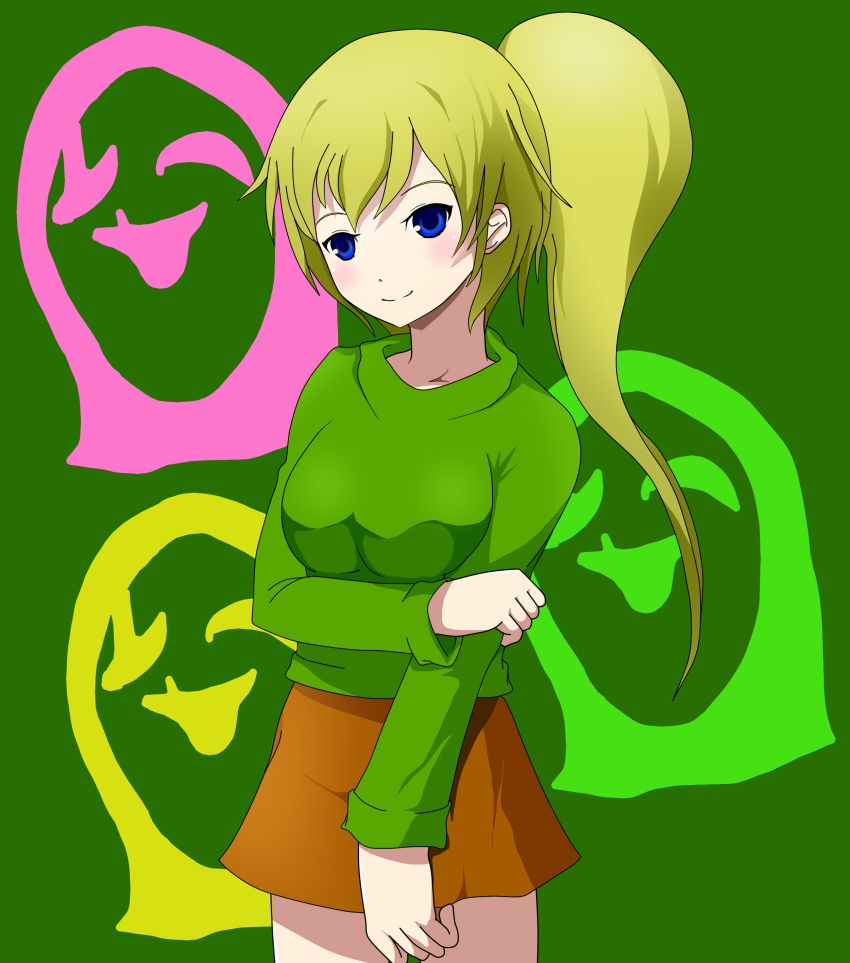1girl absurdres blonde_hair blue_eyes blush brown_skirt cameo corpse_party cowboy_shot female_focus green_background green_shirt highres long_hair looking_at_viewer nakashima_naomi parody poniko ponytail shadow shan_grila shirt sidelocks skirt smile solo uboa yume_nikki