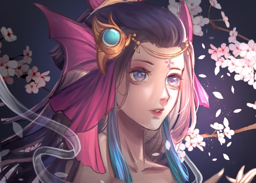 1girl collarbone fins fish_girl flower gradient_background green_eyes hair_ornament highres league_of_legends long_hair nami_(league_of_legends) parted_lips portrait purple_background saikayo solo splendid_staff_nami teeth white_flower
