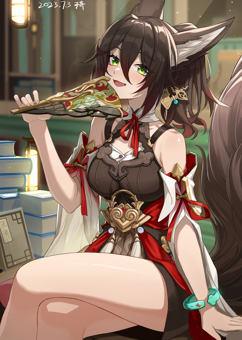 1girl absurdres animal_ears bare_shoulders blush book book_stack bracelet breasts brown_dress brown_hair colored_tips crossed_legs dated detached_sleeves dress fang feet_out_of_frame fluffy folding_fan fox_ears fox_girl fox_tail green_eyes hair_between_eyes hair_ornament hand_fan highres holding holding_fan honkai:_star_rail honkai_(series) indoors jewelry lantern large_tail long_hair looking_at_viewer multicolored_hair open_mouth ponytail sitting small_breasts solo tail thighs tingyun_(harmony)_(honkai:_star_rail) tingyun_(honkai:_star_rail) wangqi white_sleeves
