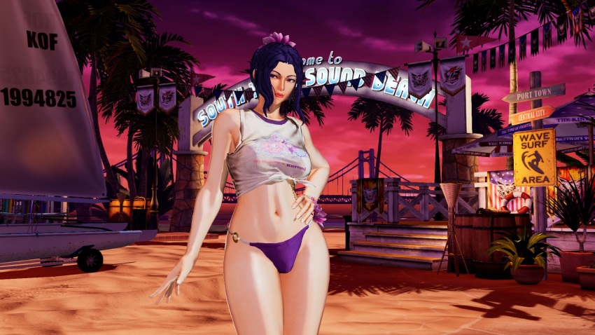 1girl bikini braid breasts curvy female_focus flower hair_flower hair_ornament highres huge_breasts large_breasts long_hair lotus luong outdoors pale_skin panties shirt standing swimsuit the_king_of_fighters thick_thighs thighs tree underwear wide_hips