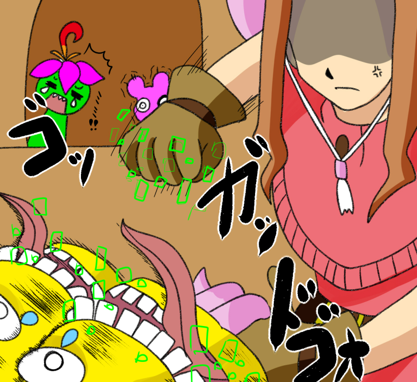 brown_eyes brown_hair digimon digimon_(creature) flower long_hair monster_girl palmon petals plant_girl scumon sharp_teeth tachikawa_mimi teeth tyumon