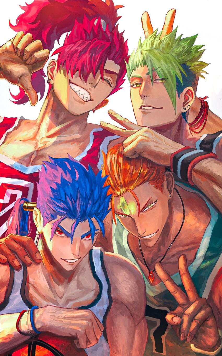 4boys achilles_(fate) ao_(en6gtl) ashwatthama_(fate) ball basketball basketball_(object) basketball_jersey basketball_uniform blue_hair cu_chulainn_(fate) cu_chulainn_(fate/stay_night) dark-skinned_male dark_skin earrings fate/grand_order fate_(series) green_hair hair_over_one_eye highres jewelry long_hair male_focus mori_nagayoshi_(fate) multiple_boys necklace ponytail red_eyes red_hair sharp_teeth short_hair smile sportswear teeth v yellow_eyes