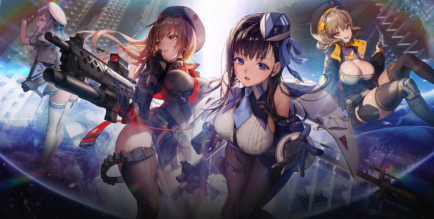 4girls all-break ammunition ammunition_belt anis_(nikke) artist_request assault_rifle bare_shoulders belt beret black_gloves black_hair black_legwear black_shorts blouse blue_ribbon blush bow bowl bowl_hat breasts brown_hair bullpup cleavage cleavage_cutout clothing_cutout double-barreled_shotgun explosive glasses gloves gluteal_fold goddess_of_victory:_nikke green_eyes grenade grenade_cartridge grenade_launcher gun hair_ornament hat highres holding holding_gun holding_weapon holster jacket large_breasts leaning_forward leg_belt lipstick long_hair long_sleeves looking_ahead looking_at_viewer makeup marian_(nikke) military_hat miniskirt multicolored_clothes multiple-barrel_gun multiple_girls necktie neon_(nikke) no_bra official_art open_clothes open_jacket outdoors panorama pantyhose parted_lips pump-action_shotgun pump_action purple_eyes rapi_(nikke) red_eyes red_necktie ribbon rifle ruins sailor_collar salute shirt short_shorts short_sleeves shorts shotgun side-by-side-barreled_shotgun sitting skindentation skirt smile standard_manufacturing_dp-12 standing thigh_holster thigh_strap thighhighs thighs uniform vertical_forward_grip weapon weapon_on_back white_hair white_jacket white_shirt white_skirt