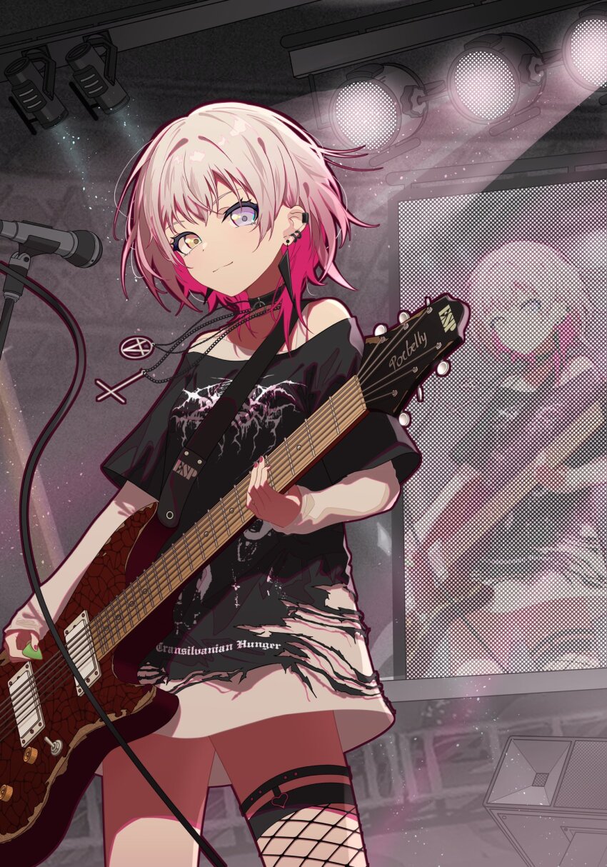 1girl bang_dream! bang_dream!_it&#039;s_mygo!!!!! black_choker black_shirt blue_eyes cable choker colored_inner_hair commentary cross darkthrone ear_piercing earclip earrings electric_guitar esp_guitars guitar heterochromia highres holding holding_guitar holding_instrument holding_plectrum instrument inverted_cross jewelry kaname_raana layered_sleeves long_sleeves medium_hair microphone microphone_stand misaki_(xxxhackerxxxxx) multicolored_hair necklace piercing pink_hair plectrum screen shirt short_over_long_sleeves short_sleeves solo white_hair white_shirt yellow_eyes