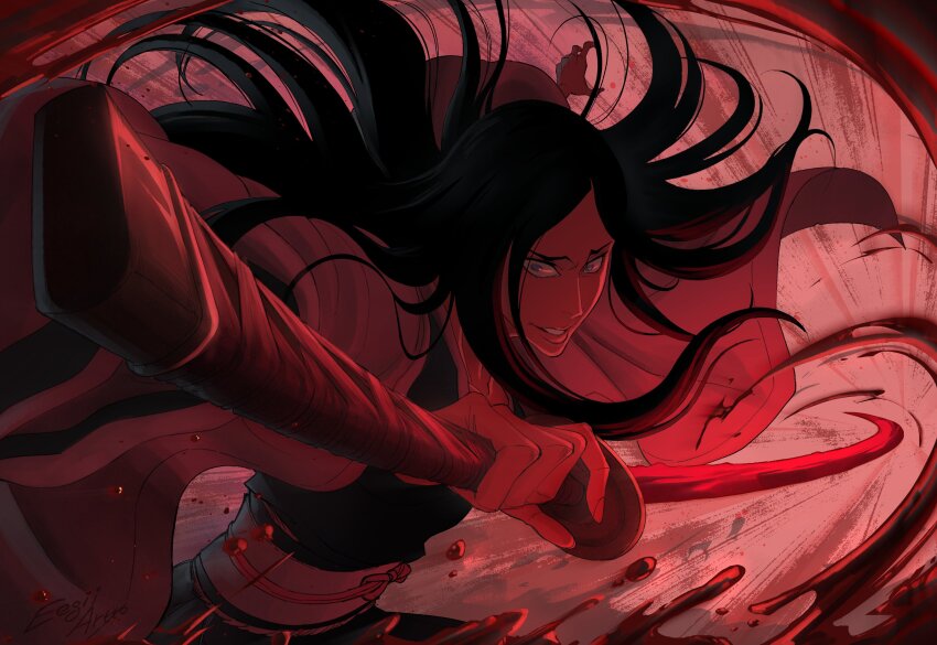 1girl androgynous bleach blood commentary eegiiartto english_commentary foreshortening hakama highres holding holding_sword holding_weapon incoming_attack japanese_clothes long_hair monochrome obi outstretched_arm red_theme sash smile solo sword unohana_retsu upper_body weapon white_hakama
