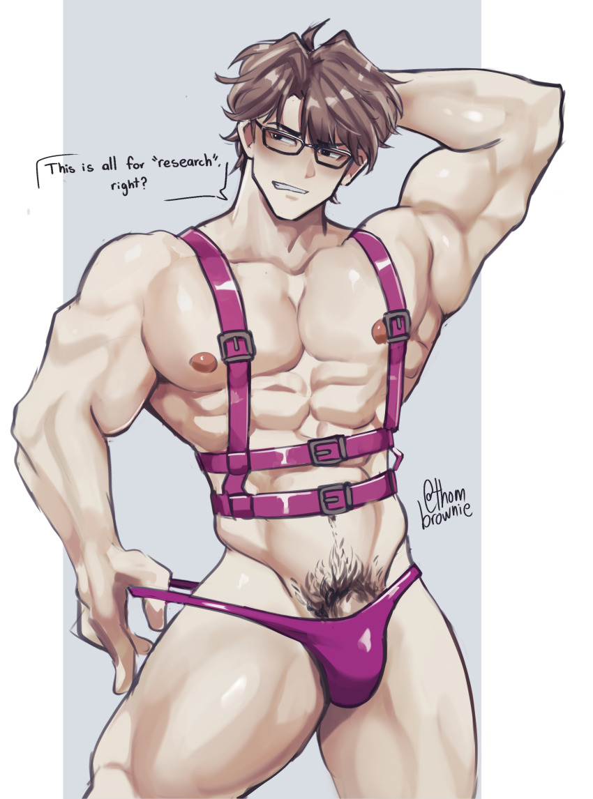 1boy absurdres armpits black_eyes brown_hair english_text glasses harness highres honkai:_star_rail honkai_(series) male_focus male_pubic_hair male_swimwear male_swimwear_pull muscular muscular_male nipples pectorals penis penis_peek pubic_hair pulling_own_clothes purple_male_swimwear solo swimsuit thombrownie thong welt_yang