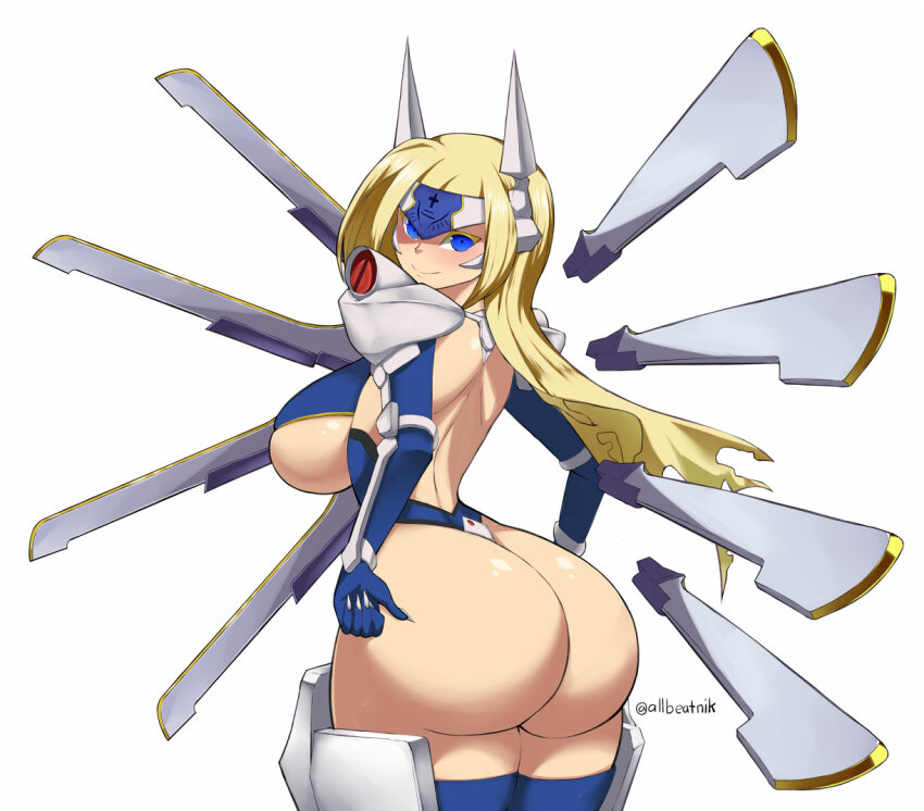 allbeatnik armor ass ass_focus blazblue blonde_hair blue_eyes looking_back mu-12 smile sword weapon