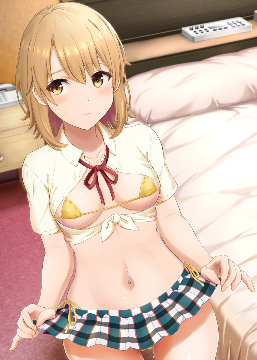 1girl absurdres bed bikini blonde_hair blush breasts closed_mouth clothes_lift collarbone collared_shirt commentary_request cowboy_shot highres inanaki_shiki indoors isshiki_iroha lifting_own_clothes looking_to_the_side love_hotel medium_breasts micro_bikini microskirt navel neck_ribbon open_clothes open_shirt phone pillow plaid_clothes plaid_skirt pleated_skirt pussy_juice red_ribbon ribbon school_uniform shirt short_hair side-tie_bikini_bottom skirt skirt_lift sobu_high_school_uniform solo swimsuit tied_shirt white_shirt yahari_ore_no_seishun_lovecome_wa_machigatteiru. yellow_bikini yellow_eyes