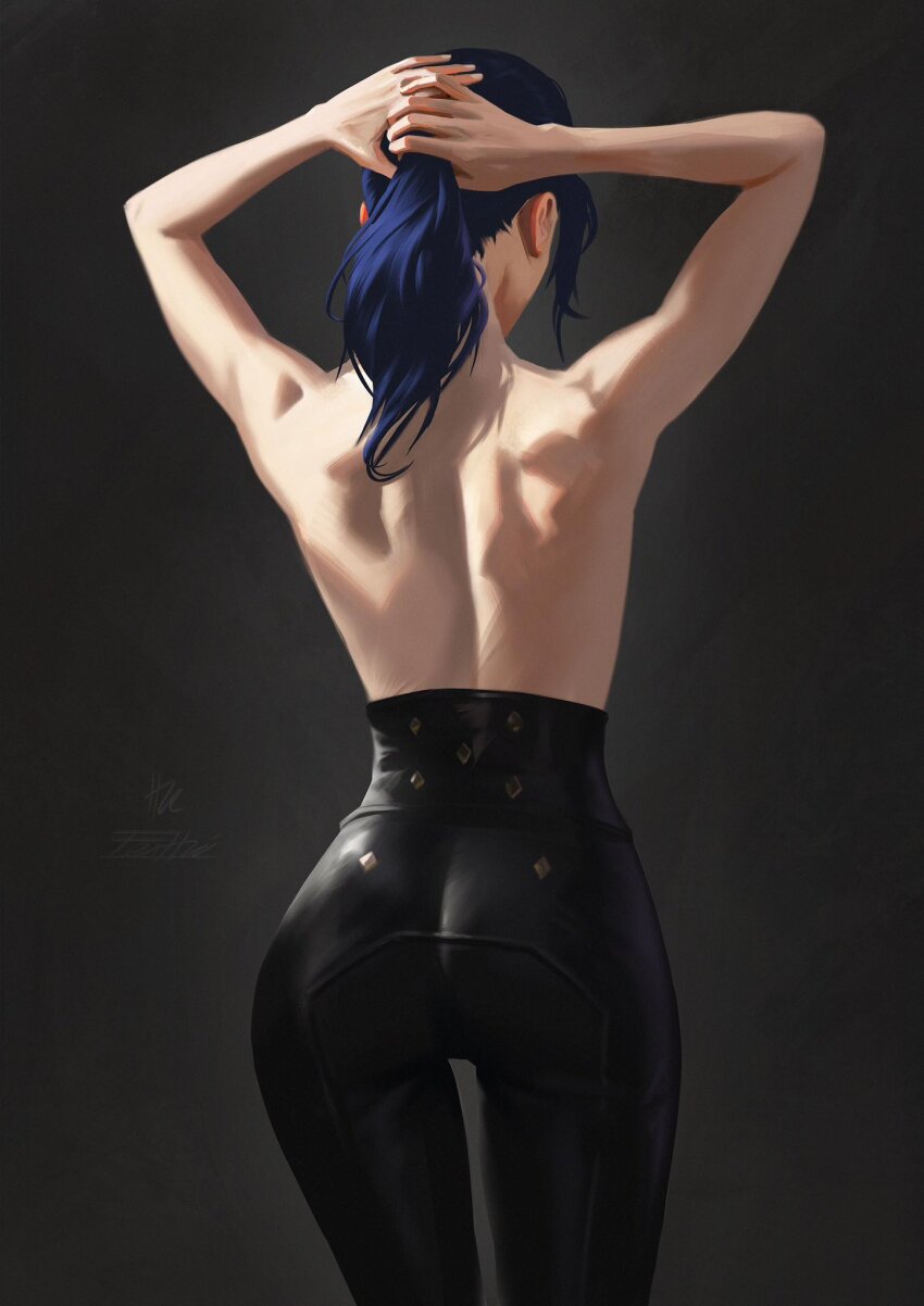 1girl adjusting_hair arcane:_league_of_legends ass black_pants blue_hair brown_background caitlyn_(league_of_legends) cowboy_shot fei_hai from_behind gradient_background highres league_of_legends long_hair pants solo topless_female