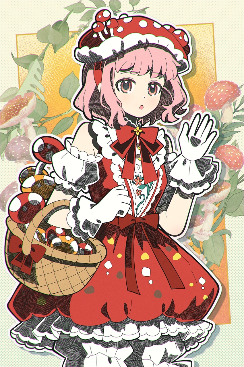 1girl :o absurdres artist_request bare_shoulders basket bloomers blunt_bangs border bow bowtie brooch bubble_skirt buttons chinese_commentary clenched_hand commentary_request cowboy_shot detached_sleeves dot_nose dress expressionless flower flower_brooch food_print frilled_dress frilled_gloves frilled_shirt frilled_sleeves frills gloves hand_up hat hat_ornament highres jewelry light_blush looking_at_viewer mushroom mushroom_hat mushroom_hat_ornament mushroom_mirth_(shining_nikki) mushroom_print nikki_(series) open_mouth outline outside_border pink_eyes pink_hair puffy_short_sleeves puffy_sleeves red_bow red_bowtie red_dress red_hat second-party_source shining_nikki shirt shirt_under_dress short_dress short_hair short_sleeves skirt sleeveless sleeveless_dress sleeveless_shirt solo standing underwear waist_bow wavy_hair white_bloomers white_gloves white_outline white_shirt white_sleeves yellow_background yellow_border yellow_flower