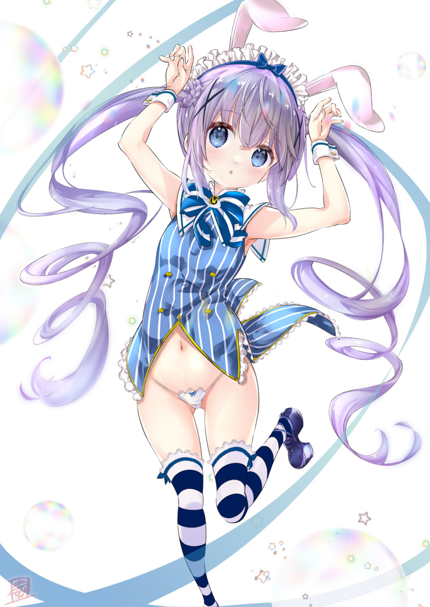 1girl animal_ears blue_eyes blue_footwear blue_neckwear blue_shirt blush bow bow_panties bowtie doku_momo fake_animal_ears gochuumon_wa_usagi_desu_ka? hair_ornament highres kafuu_chino long_hair looking_at_viewer maid maid_headdress navel open_mouth panties purple_hair rabbit_ears shirt shoes sleeveless sleeveless_shirt standing standing_on_one_leg star_(symbol) striped_clothes striped_neckwear striped_shirt thighhighs twintails underwear white_background white_panties white_thighhighs wrist_cuffs x_hair_ornament