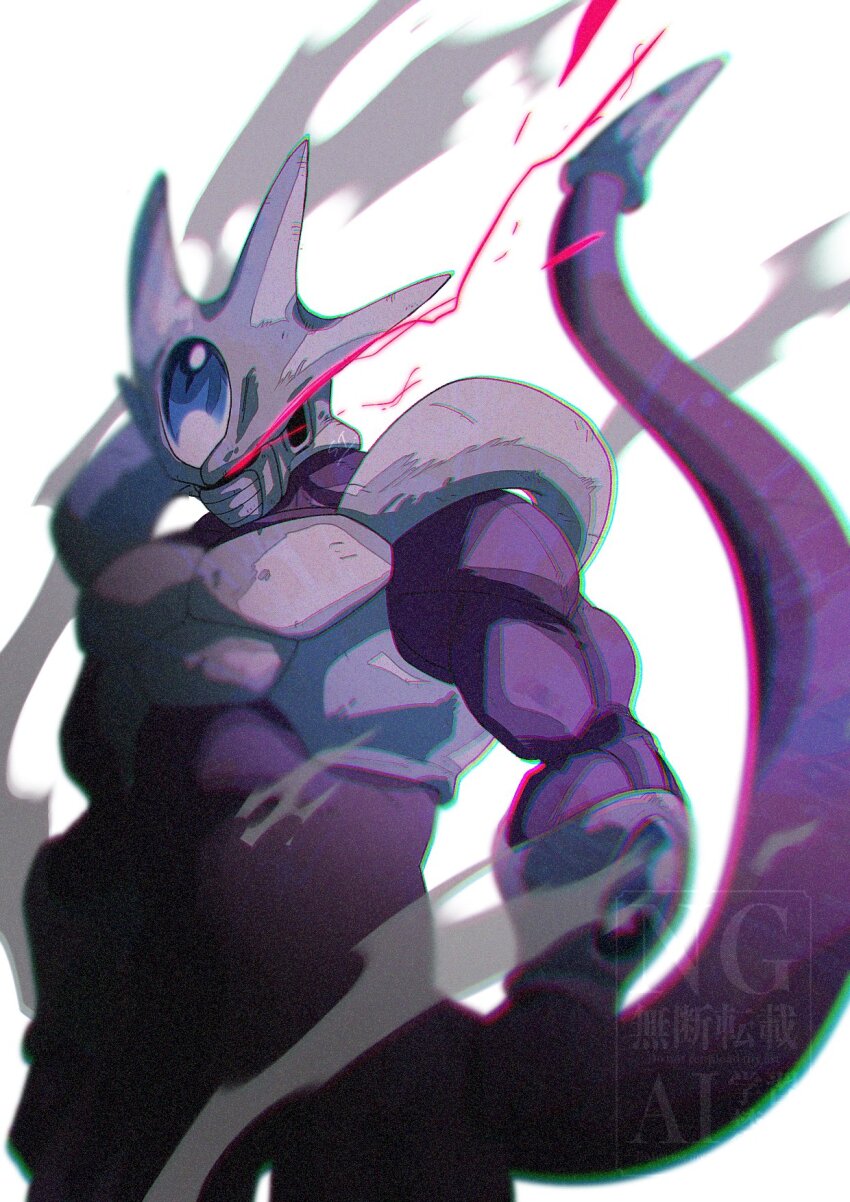 1boy cooler_(dragon_ball) cowboy_shot dragon_ball dragonball_z dust forehead_jewel glowing glowing_eyes grey_background highres male_focus red_eyes simple_background solo stktik09060906 watermark