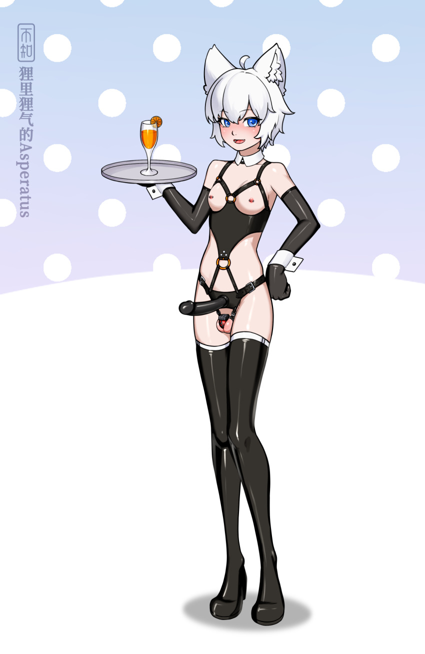 1boy :d ahoge ambiguous_orange_liquid animal_ears artist_name belt_buckle black_boots black_gloves black_thighhighs blue_background blue_eyes blue_pupils blush bob_cut bondage_outfit boots buckle chastity_cage chastity_cage_strap chinese_commentary commentary_request cup dildo drink drinking_glass elbow_gloves eyebrows_visible_through_hat eyelashes fang food fruit full-face_blush full_body gloves gradient_background hair_between_eyes hand_on_own_hip happy harness high_heel_boots high_heels highres holding holding_tray latex latex_gloves latex_thigh_boots light_smile looking_at_viewer nipple_piercing nose o-ring o-ring_harness open_mouth orange_(fruit) orange_slice original piercing polka_dot polka_dot_background purple_background revealing_chastity_cage revealing_clothes sex_toy shadow shengshouqlw short_hair skindentation skinny small_chastity_cage smile solo standing strap-on testicles thighhighs topless_male trap tray underbust white_background white_hair white_polka_dots wolf_ears wrist_cuffs
