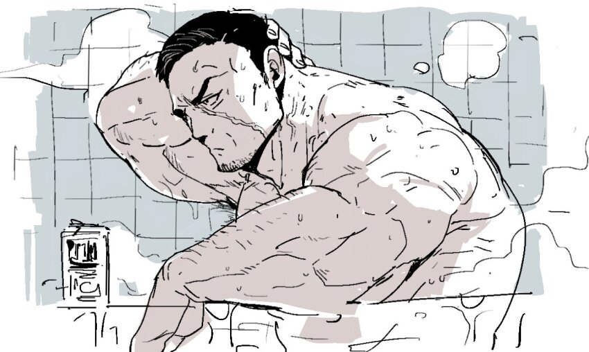 armpit_hair bara bathroom bathtub black_hair boku_no_hero_academia greyscale knuckleduster_(boku_no_hero_academia) monochrome muscular no_shirt rybiok scar scar_on_face steam vigilante_-boku_no_hero_academia:_illegals-