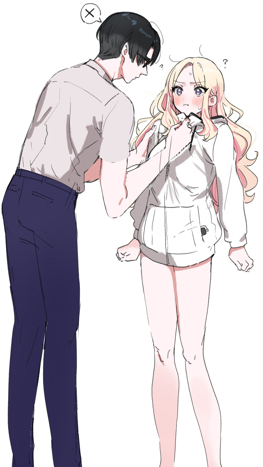 1boy 1girl ? adjusting_another&#039;s_clothes bare_legs black-framed_eyewear black_hair blonde_hair blue_pants blush commentary_request gakuen_idolmaster glasses highres idolmaster jacket juo_sena kasasagi_(futagodori888) multicolored_hair pants pink_hair producer_(idolmaster) shirt streaked_hair two-tone_hair white_jacket white_shirt zipping