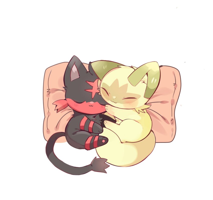 2others animal_ears black_fur blush_stickers cat_ears closed_eyes closed_mouth gen_7_pokemon green_fur highres litten lying multiple_others nintendo no_humans on_pillow on_side pillow pokemon pokemon_(creature) sleeping_on_pokemon sleeping_together sprigatito white_background yupo_0322