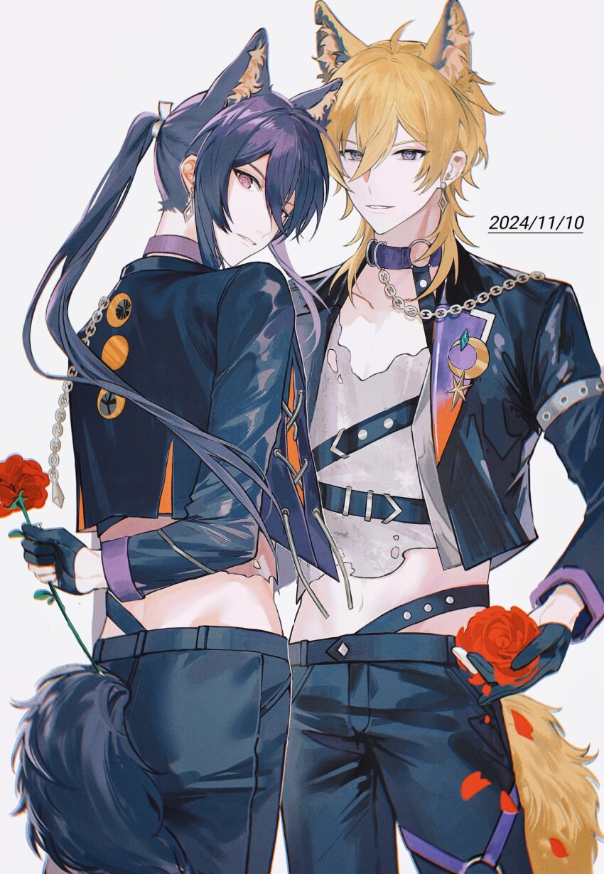2boys animal_costume animal_ears black_gloves black_jacket blonde_hair chest_belt choker chromatic_aberration collarbone collared_jacket cowboy_shot crescent_moon crop_top dated earrings ensemble_stars! floating_hair flower gloves grey_eyes grey_shirt hair_between_eyes hakaze_kaoru half_gloves halloween_costume highres holding holding_flower jacket jewelry kanzaki_souma long_hair long_sleeves looking_at_viewer looking_back moon motoyui multiple_boys nape navel o-ring o-ring_choker o-ring_thigh_strap official_alternate_costume parted_lips partially_fingerless_gloves pectoral_cleavage pectorals ponytail purple_choker purple_eyes purple_hair red_flower red_rose rose ru_kosin shirt simple_background tail thigh_strap torn_clothes torn_shirt v-shaped_eyebrows very_long_hair white_background wolf_boy wolf_costume wolf_cut wolf_ears wolf_tail