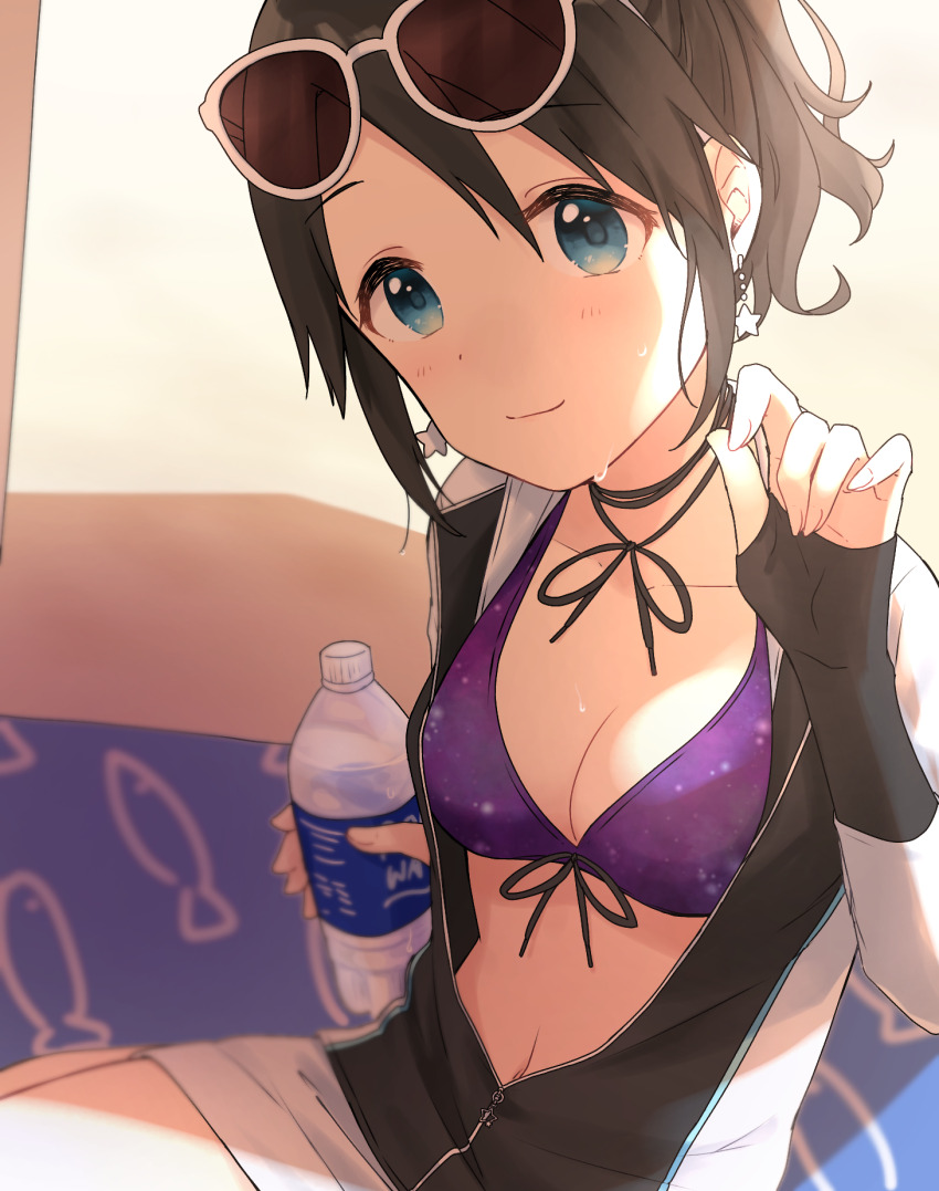 1girl animal_print beach_towel bikini black_hair blue_bikini bottle breasts cleavage earrings eyewear_on_head fish_print highres holding holding_bottle idolmaster idolmaster_shiny_colors jacket jewelry mitsumine_yuika multicolored_jacket navel neck_ribbon open_clothes open_jacket pachiko ponytail ribbon small_breasts smile solo star_(symbol) star_earrings sunglasses swimsuit towel two-tone_jacket water_bottle