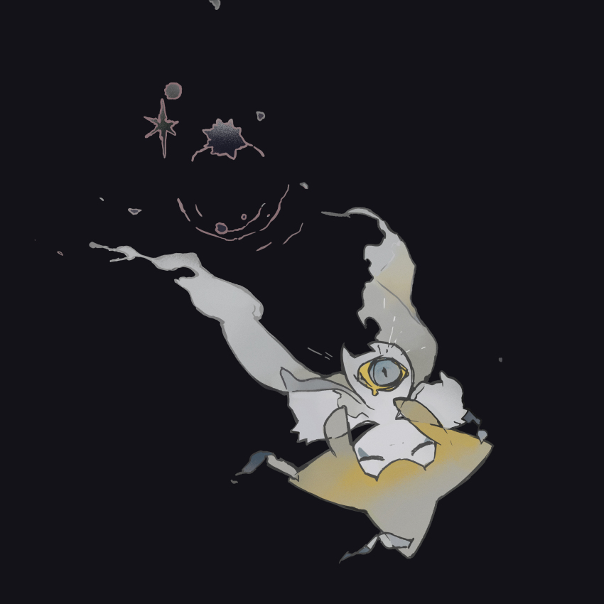 absurdres black_background blue_eyes colored_sclera colored_skin facial_mark falling gen_3_pokemon highres jirachi keroreud legendary_pokemon muted_color mythical_pokemon nintendo no_humans pokemon pokemon_(creature) pokemon_focus simple_background sketch third_eye white_skin yellow_sclera