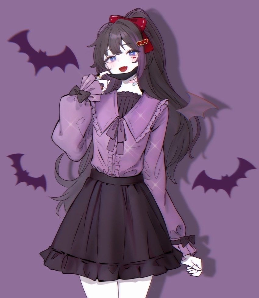 +_+ 1girl :d absurdres alternate_costume bandaid bandaid_on_neck bat_(animal) bat_wings black_bow black_hair black_mask black_nails black_shirt black_skirt blush bow bowtie bright_pupils center_frills chromatic_aberration ciciflaky colored_skin commentary_request cowboy_shot creepypasta drop_shadow facial_mark fang frilled_shirt_collar frilled_skirt frilled_sleeves frills gold_ring hair_between_eyes hair_bow hair_ornament hand_up heart heart_facial_mark heart_hair_ornament heart_ring high_ponytail highres jewelry jirai_kei legs_together long_hair long_sleeves looking_at_viewer mask mask_pull mouth_mask multicolored_hair nail_polish nina_the_killer open_mouth ponytail puffy_long_sleeves puffy_sleeves purple_background purple_bow purple_bowtie purple_hair purple_shirt purple_theme purple_wings red_bow ring shirt shirt_tucked_in simple_background single_hair_intake single_wing skirt sleeve_bow sleeves_past_wrists smile solo sparkle standing streaked_hair tongue two-tone_hair very_long_hair white_pupils white_skin wings